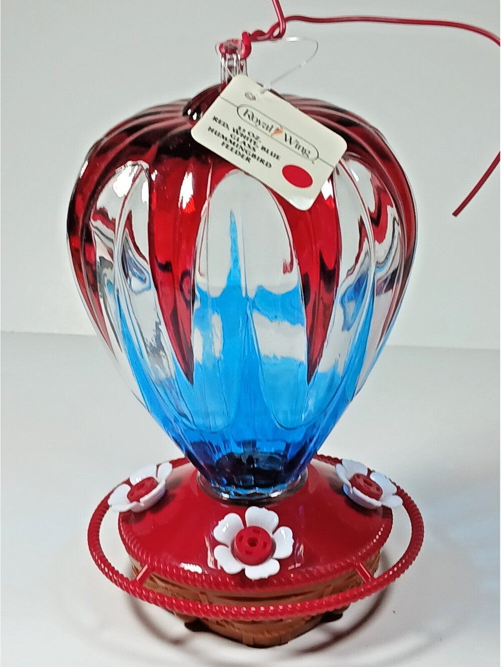 Royal Wing Hot Air Balloon Glass Hummingbird Feeder Screw On Base Red white Blue